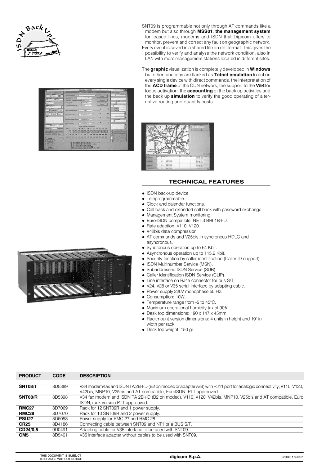 Digicom SNT09 manual Technical Features 