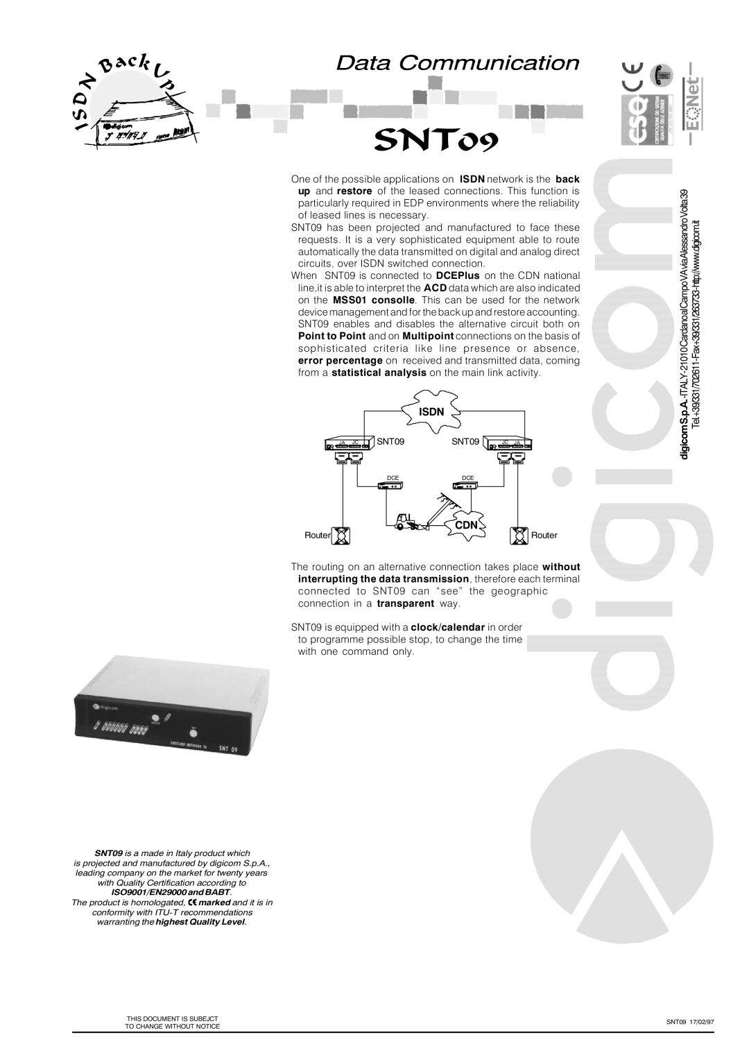 Digicom SNT09 manual Data Communication 