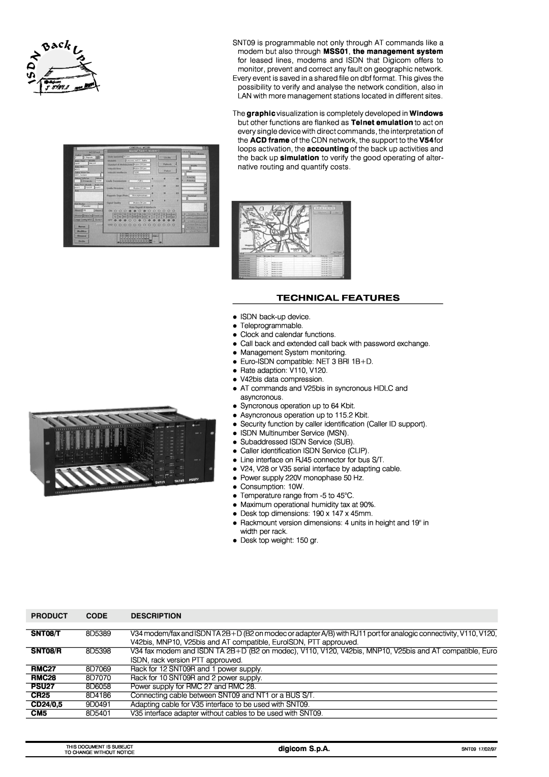 Digicom SNT09 manual Technical Features 