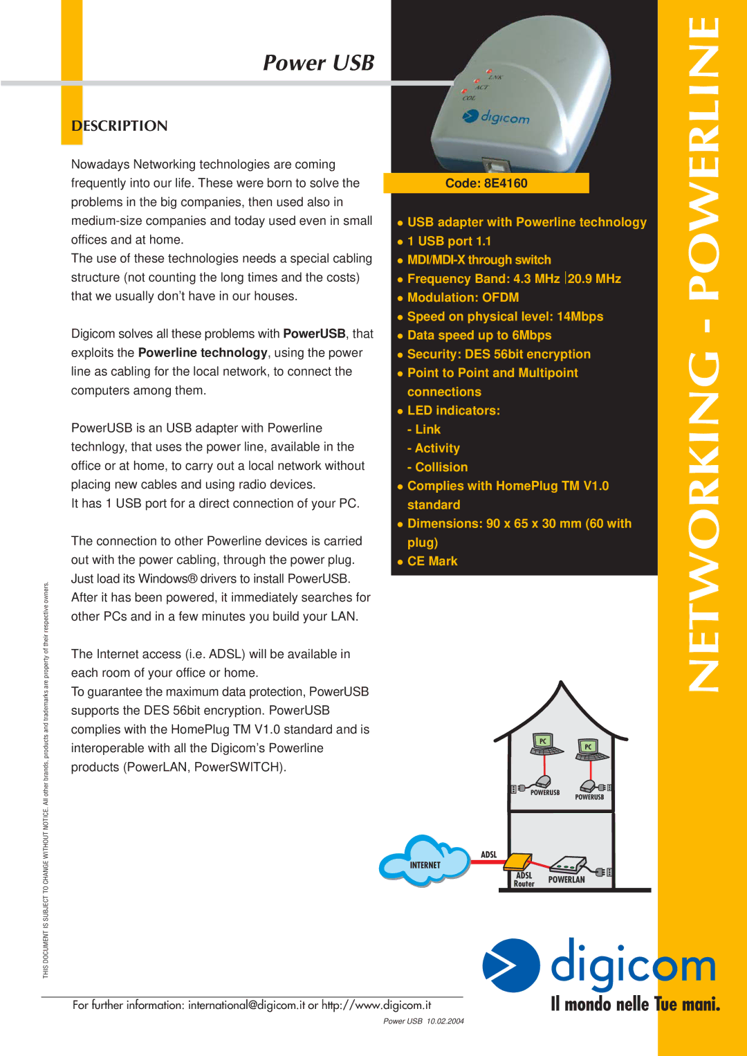 Digicom USB Adapter dimensions Networking Powerline, Power USB, Description 