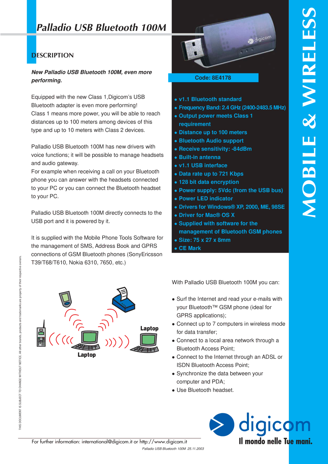 Digicom manual Mobile & Wireless, Palladio USB Bluetooth 100M, Description, Code 8E4178 