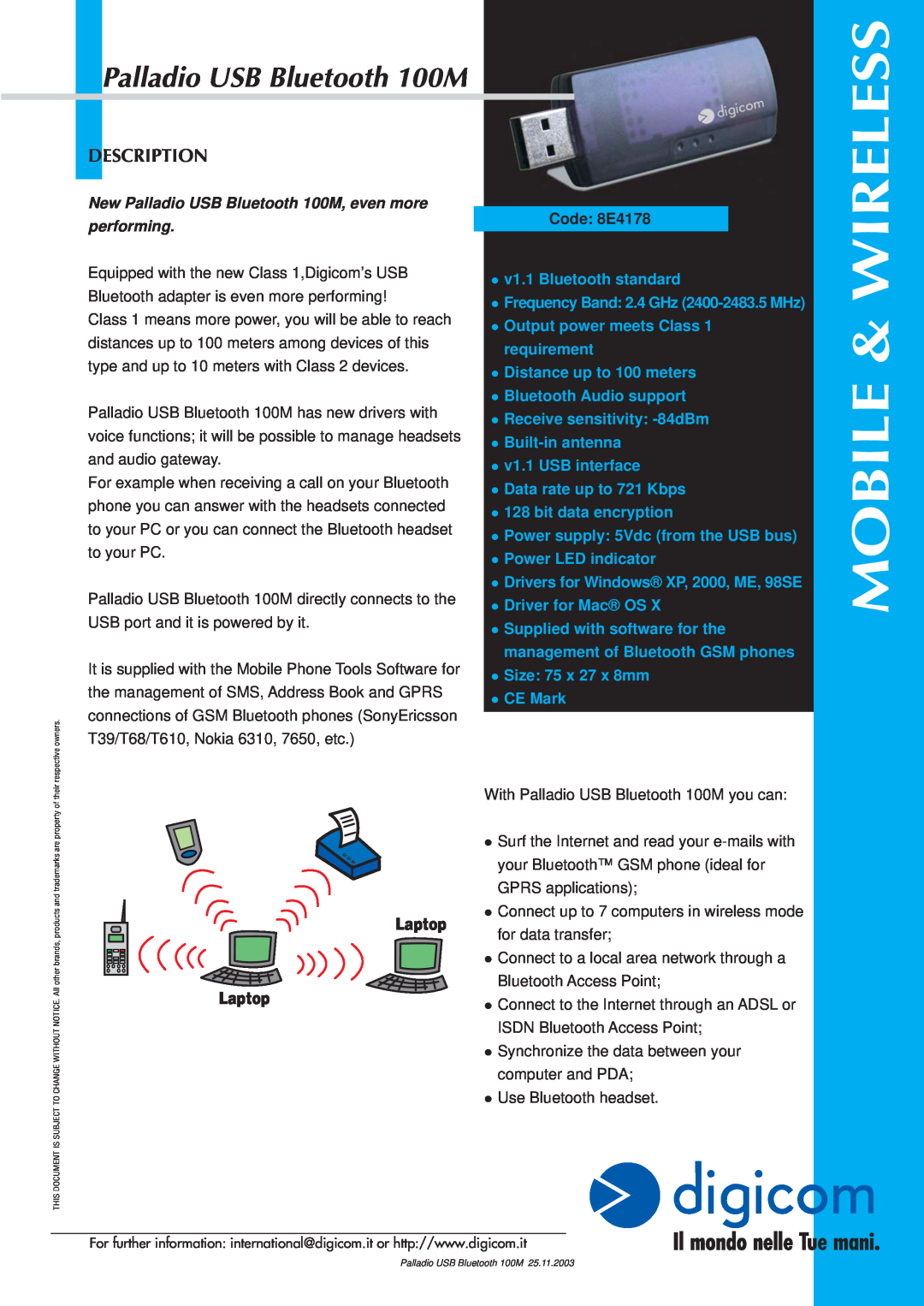 Digicom manual Mobile & Wireless, Palladio USB Bluetooth 100M, Description, Laptop, Code 8E4178 