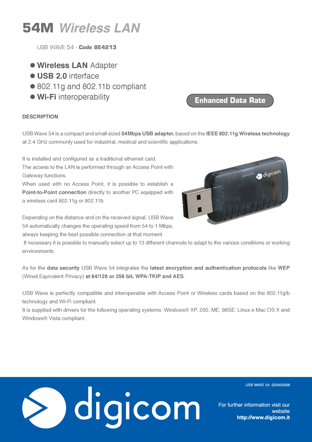 Digicom USB Wave 54 manual 54M Wireless LAN, Wireless LAN Adapter, Wi-Fi interoperability, Enhanced Data Rate, Description 