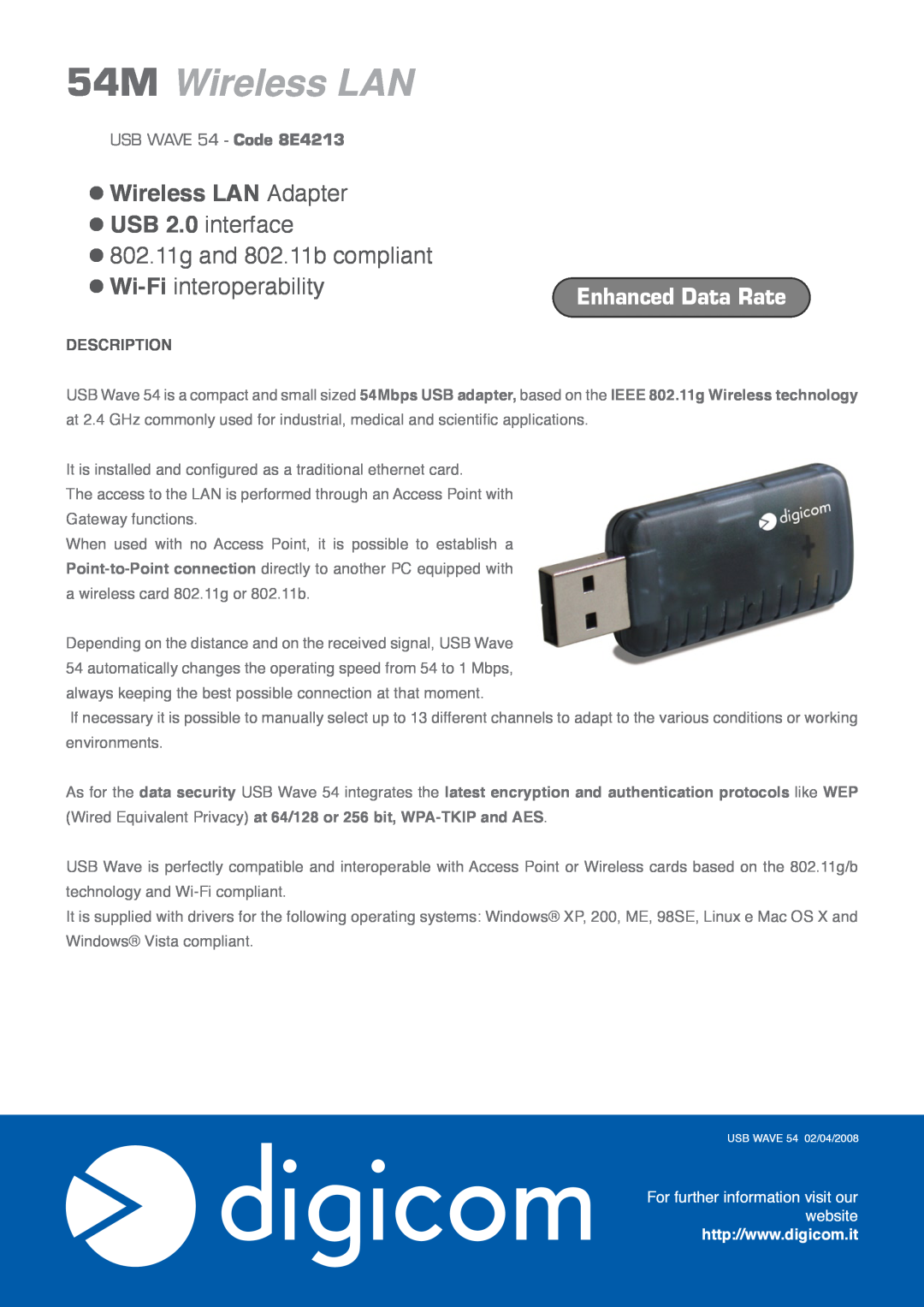 Digicom USB Wave 54 manual 54M Wireless LAN, Wireless LAN Adapter, USB 2.0 interface 802.11g and 802.11b compliant 