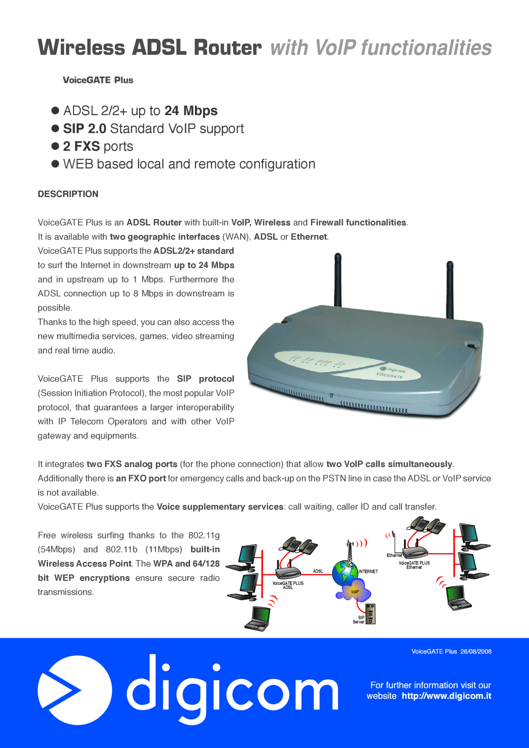 Digicom Wireless ADSL Router manual Wireless Adsl Router with VoIP functionalities, Description 