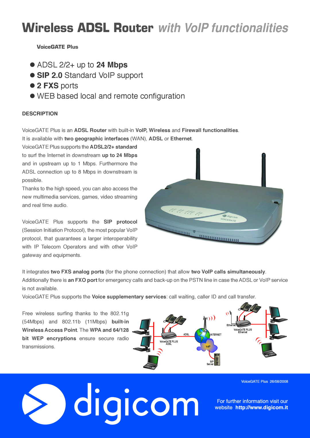 Digicom manual Description, Wireless ADSL Router with VoIP functionalities, FXS ports, VoiceGATE Plus 