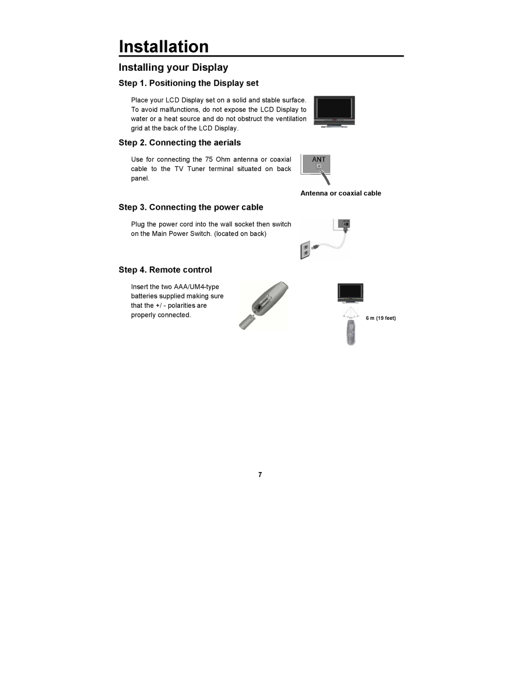 Digimate DGL2700 Installing your Display, Positioning the Display set, Connecting the aerials, Connecting the power cable 