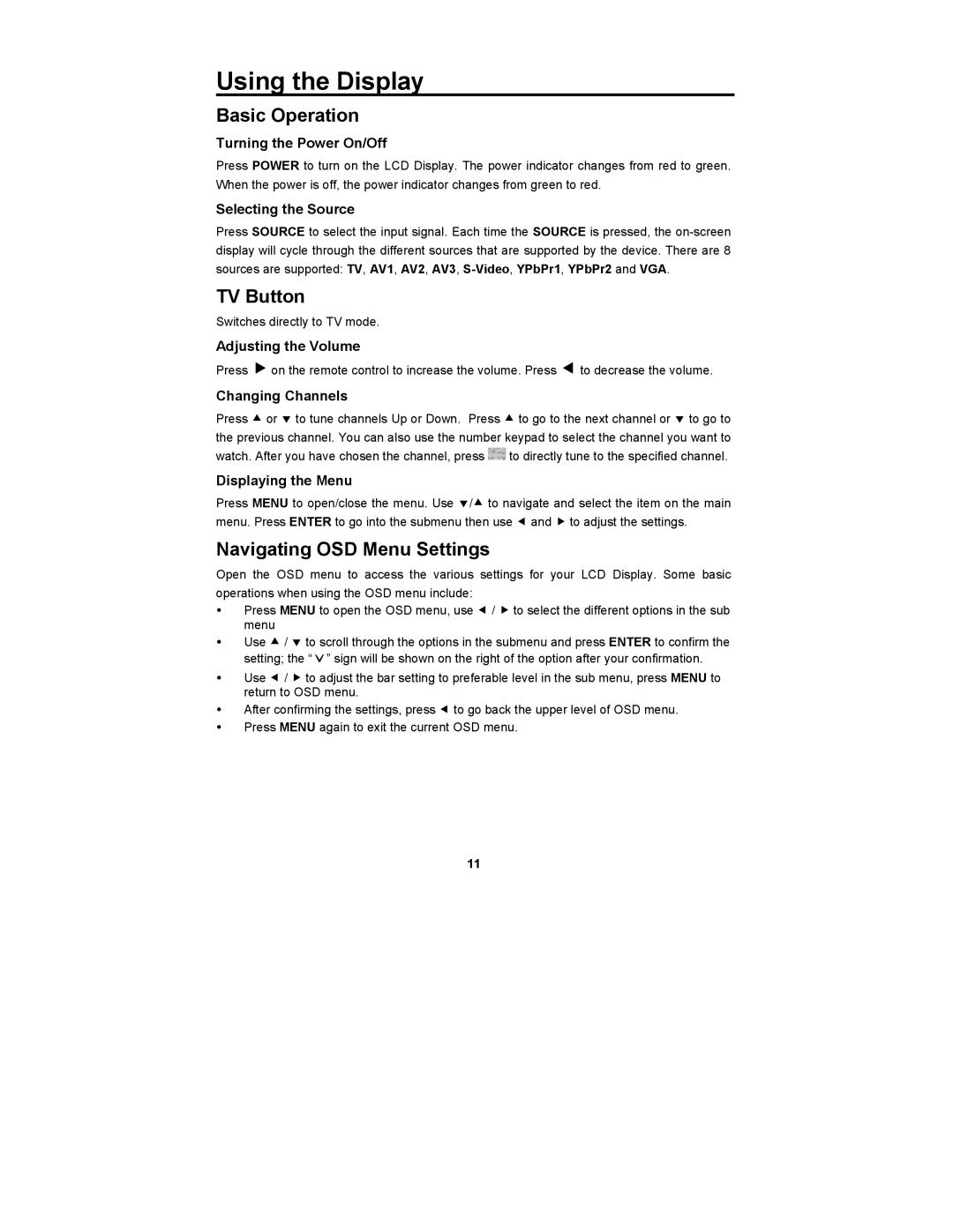 Digimate DGL2700 manual Basic Operation, TV Button, Navigating OSD Menu Settings 