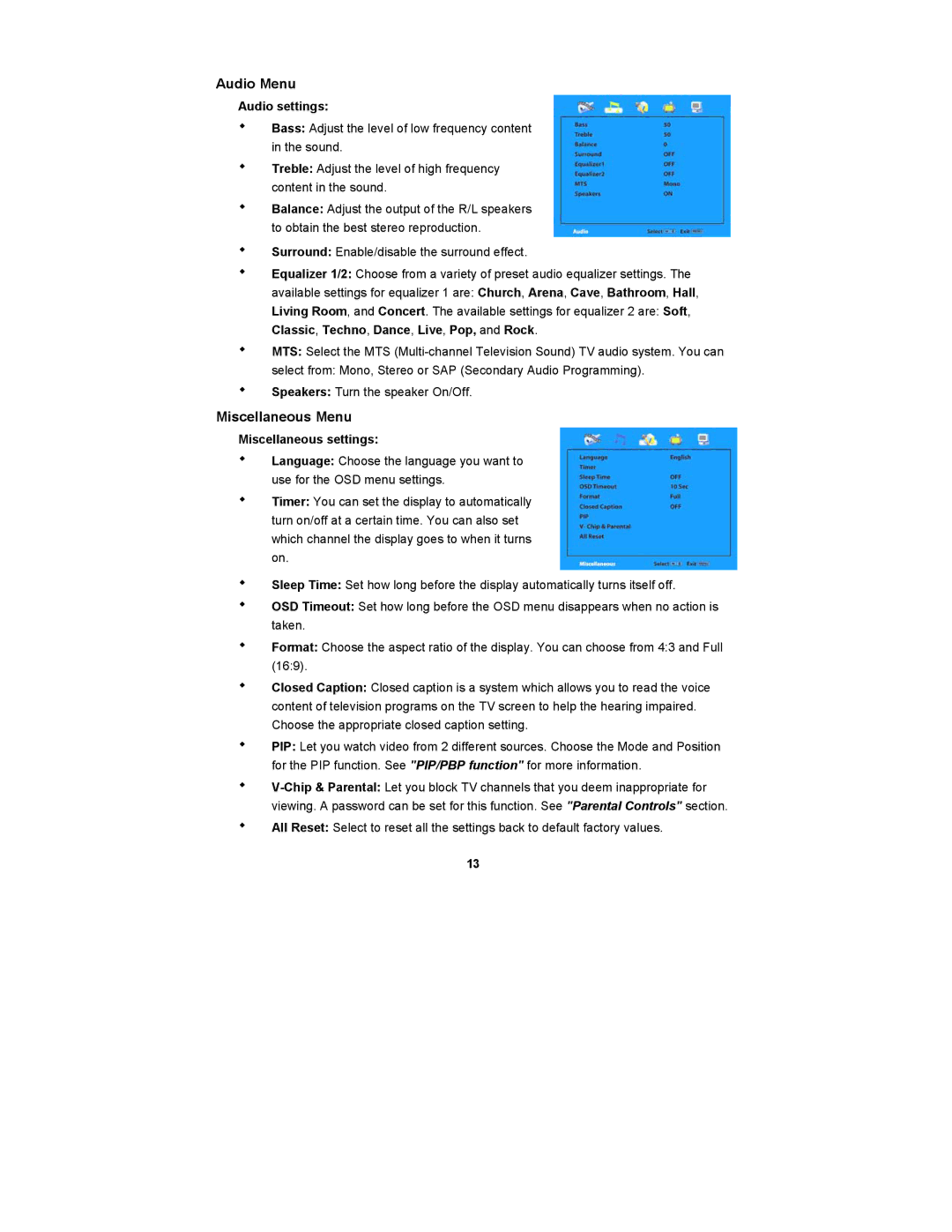 Digimate DGL2700 manual Audio Menu, Miscellaneous Menu, Audio settings, Miscellaneous settings 