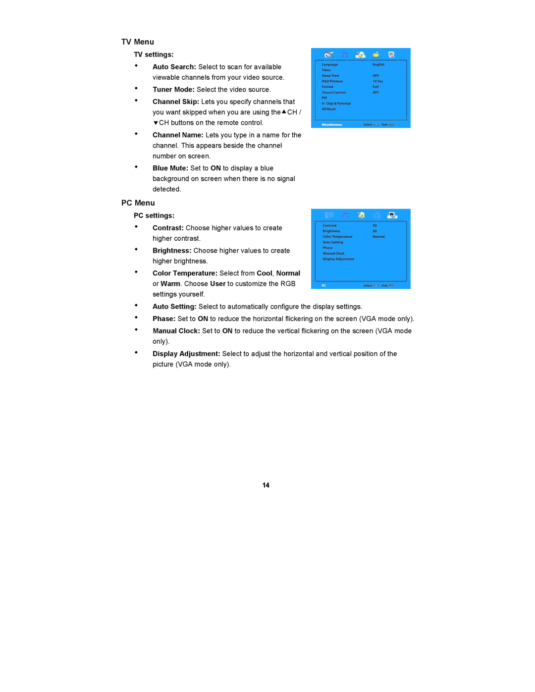 Digimate DGL2700 manual TV Menu, PC Menu, TV settings, PC settings 