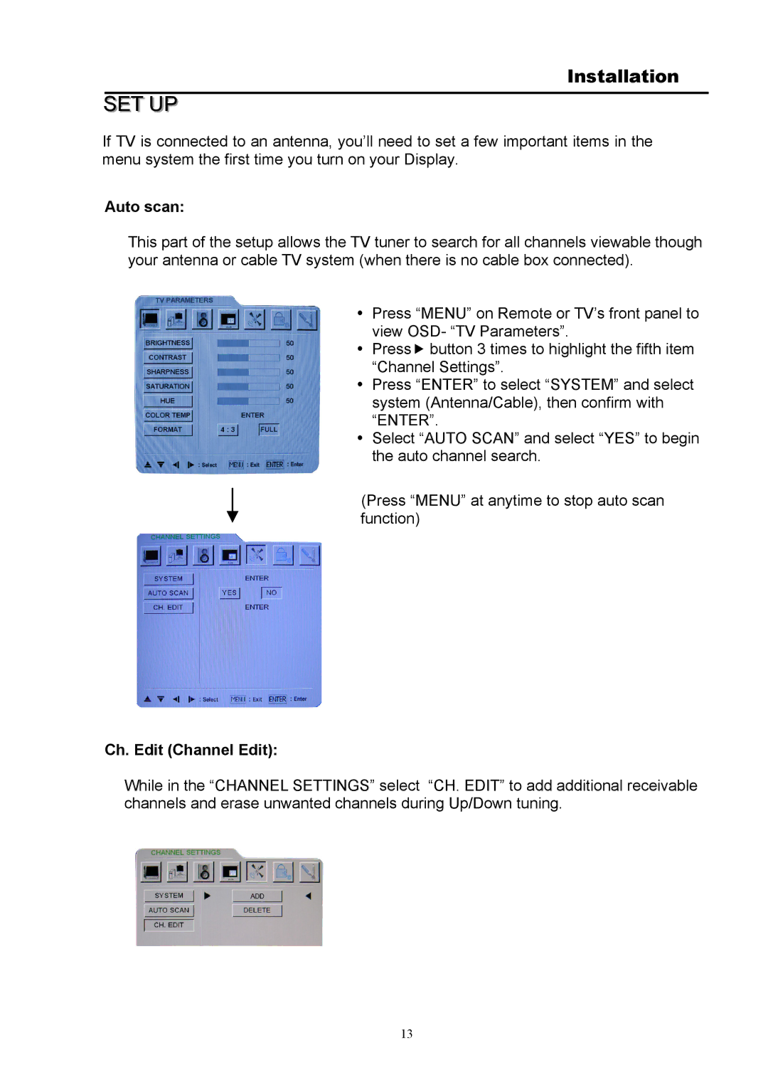 Digimate DGL32 manual Auto scan, Ch. Edit Channel Edit 