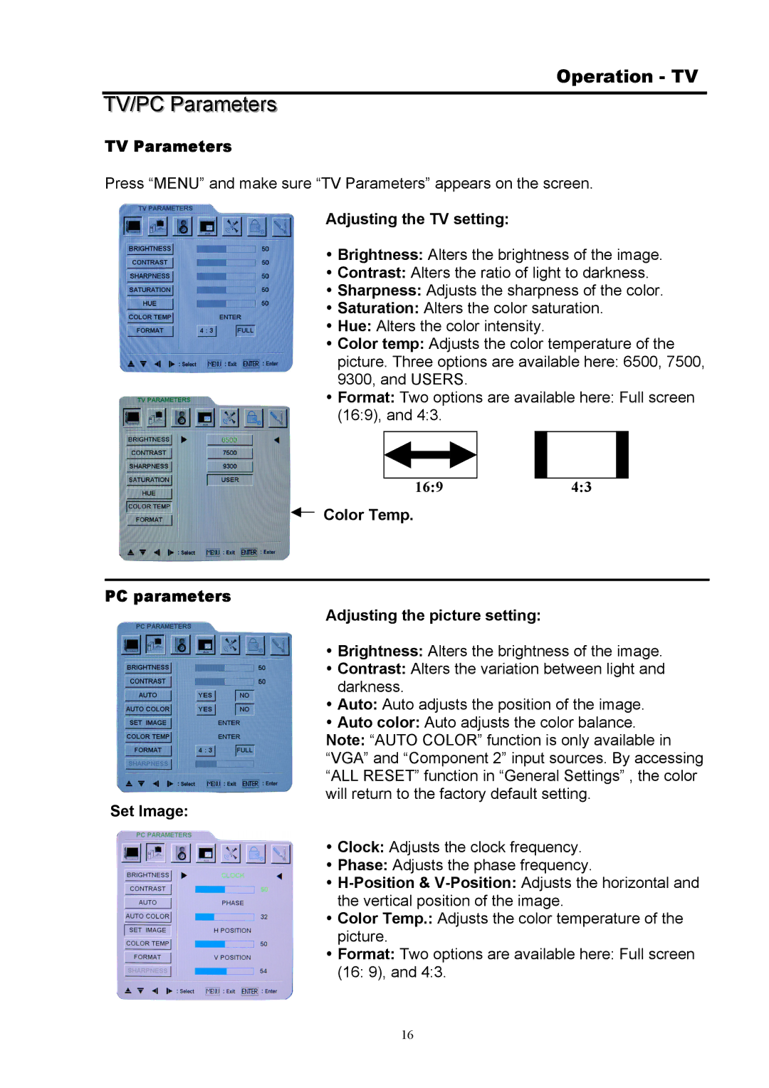 Digimate DGL32 manual TV/PC Parameters, TV Parameters, Adjusting the TV setting, Set Image 