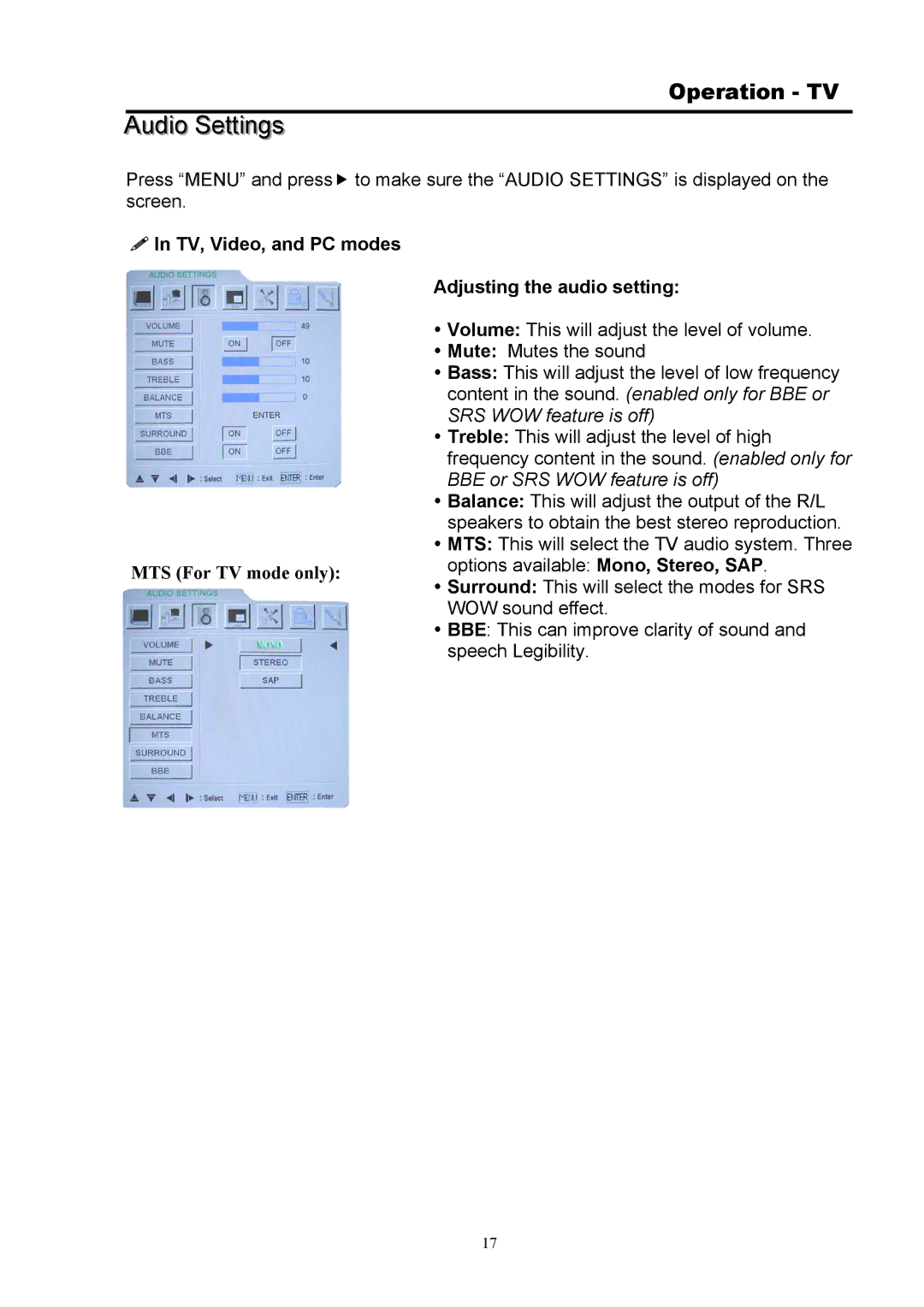 Digimate DGL32 manual Audio Settings, TV, Video, and PC modes, Adjusting the audio setting 