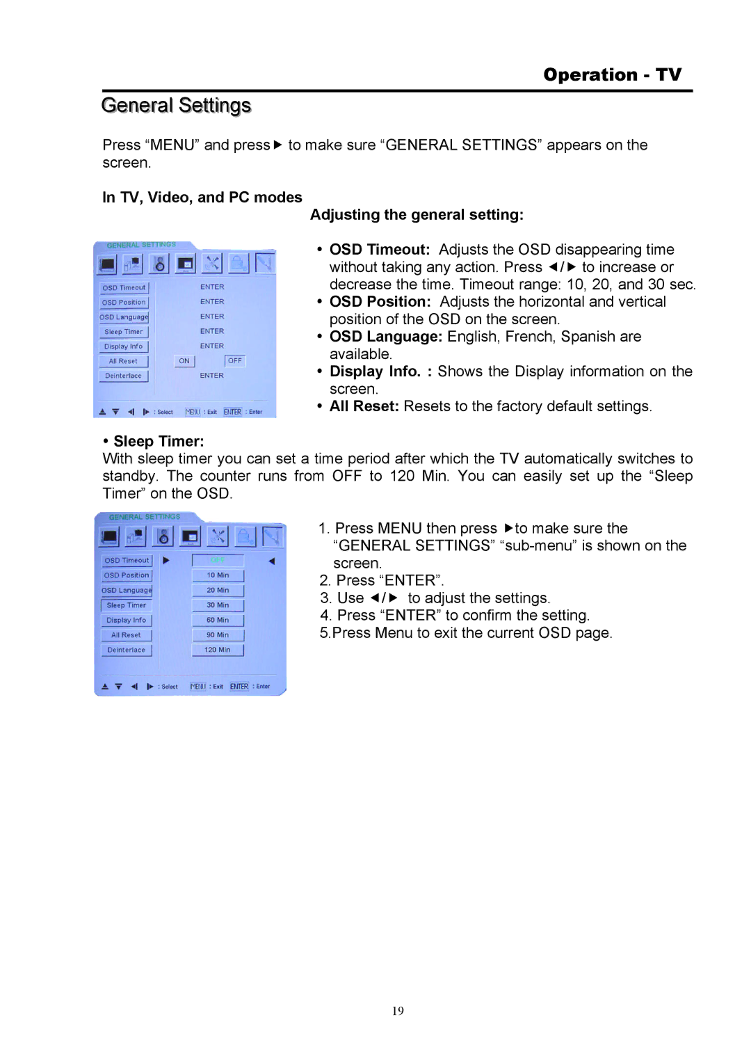 Digimate DGL32 manual General Settings, TV, Video, and PC modes Adjusting the general setting, Sleep Timer 