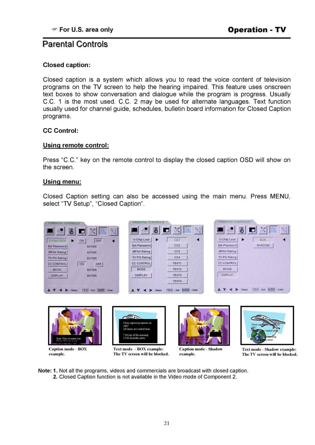 Digimate DGL32 manual Parental Controls, For U.S. area only, Closed caption, CC Control Using remote control, Using menu 