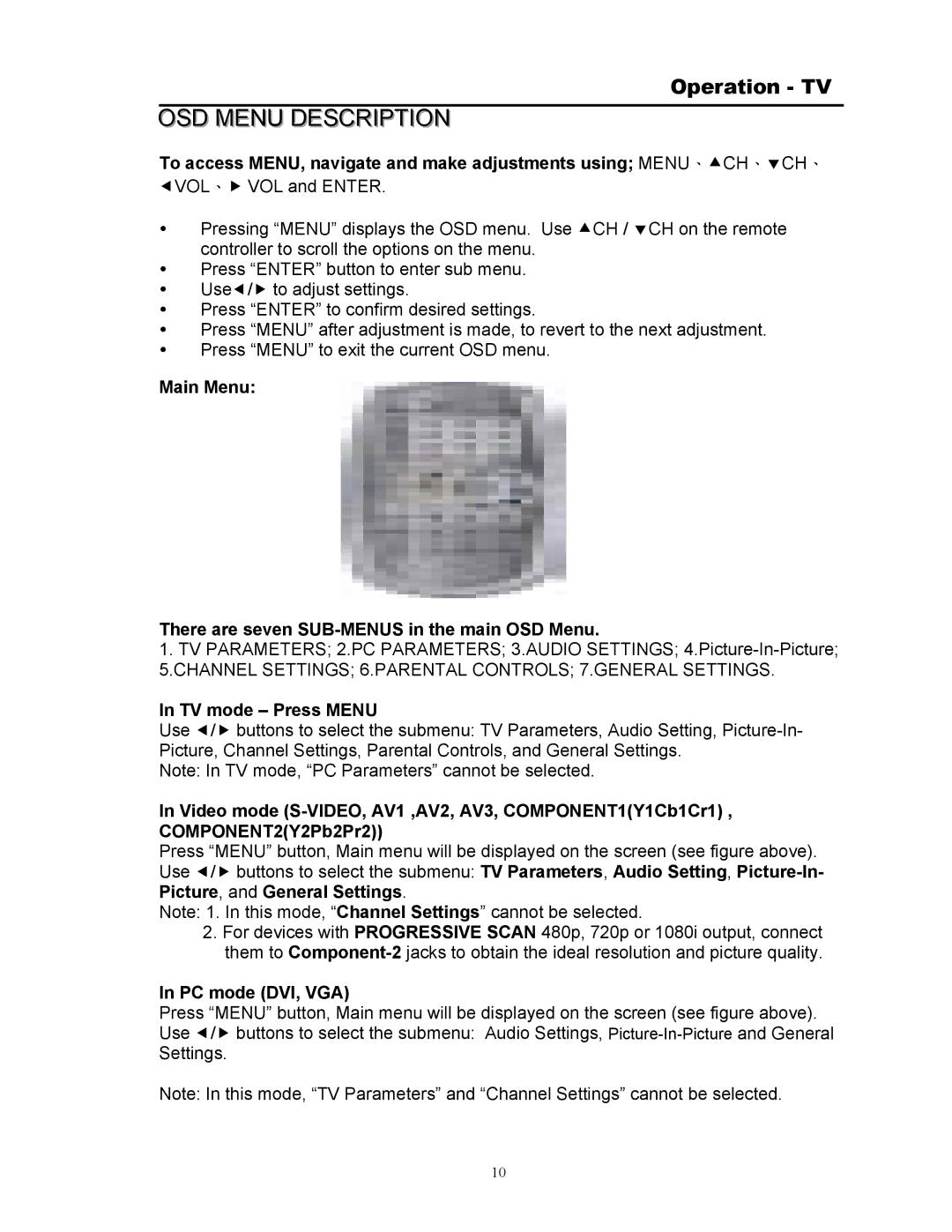 Digimate DGL3704M manual Main Menu There are seven SUB-MENUS in the main OSD Menu, TV mode Press Menu, PC mode DVI, VGA 