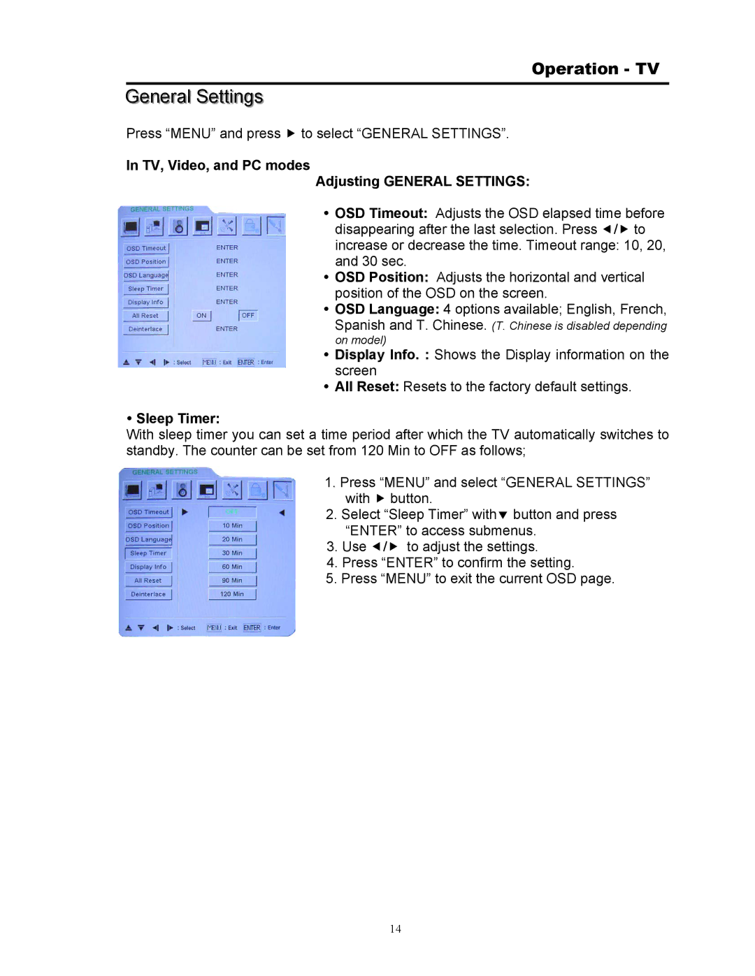 Digimate DGL3704M manual TV, Video, and PC modes Adjusting General Settings, Sleep Timer 