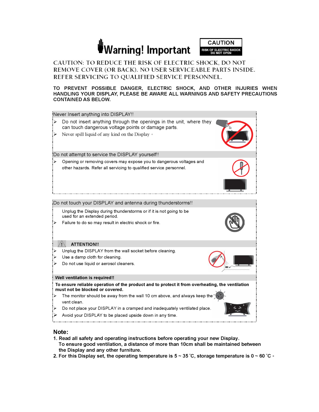 Digimate DGL3704M manual Do not attempt to service the Display yourself 