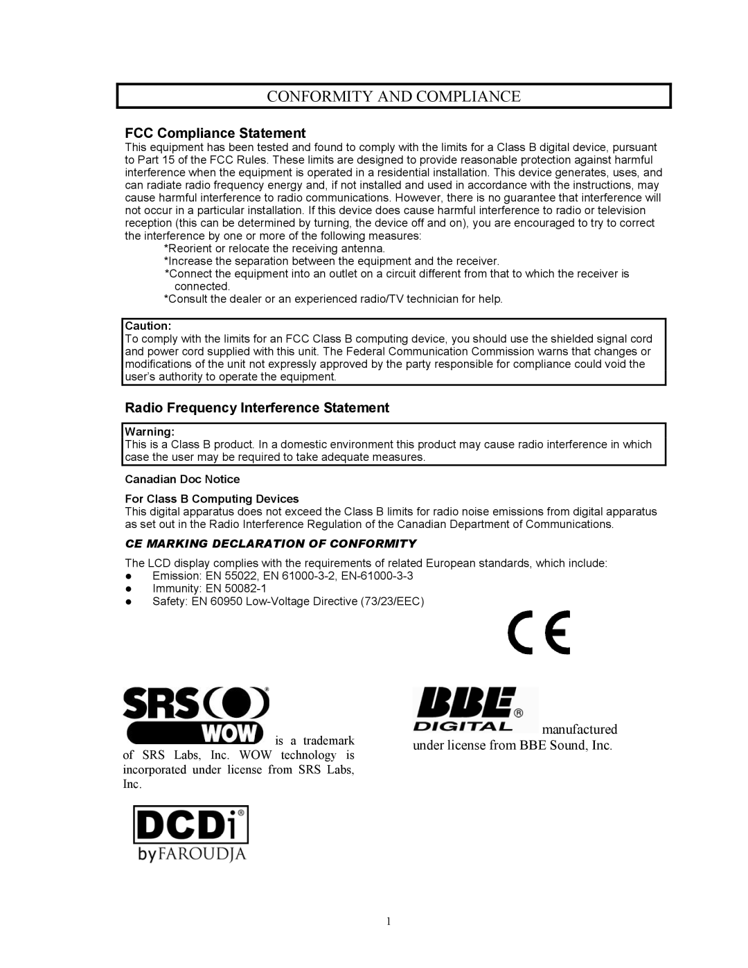 Digimate DGL3704M manual FCC Compliance Statement, Radio Frequency Interference Statement 