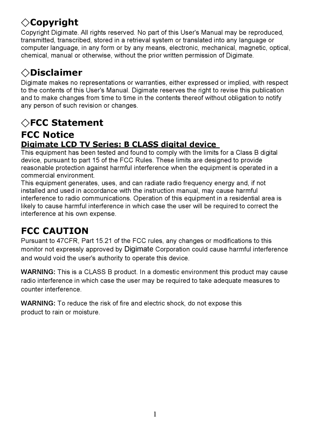 Digimate LTV-2007 manual Copyright Disclaimer FCC Statement FCC Notice, Digimate LCD TV Series B Class digital device 