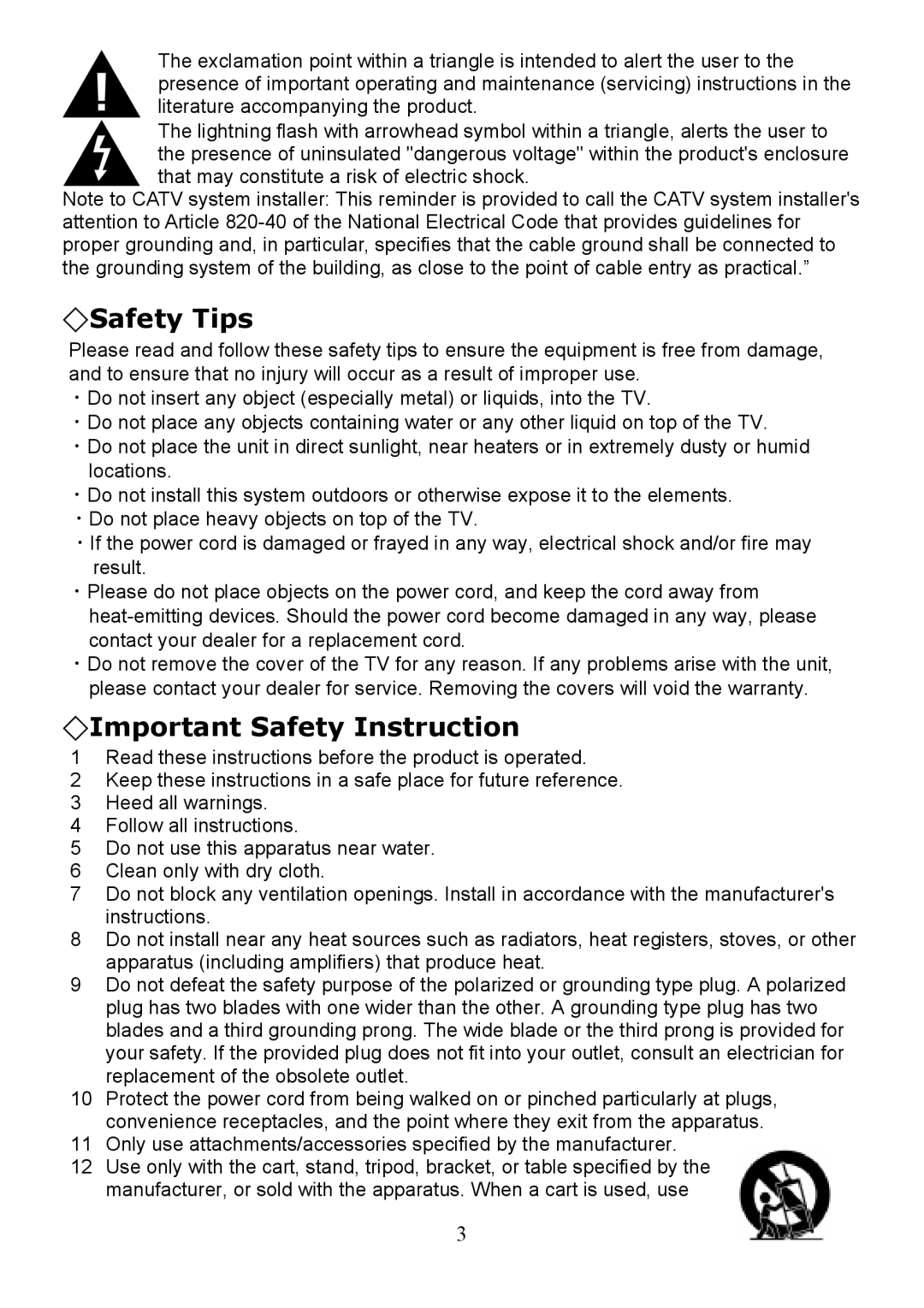 Digimate LTV-2007 manual Safety Tips, Important Safety Instruction 