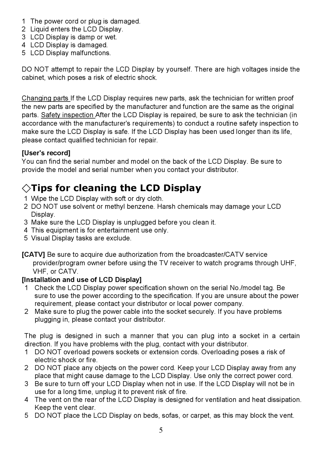 Digimate LTV-2007 manual Tips for cleaning the LCD Display, Users record, Installation and use of LCD Display 