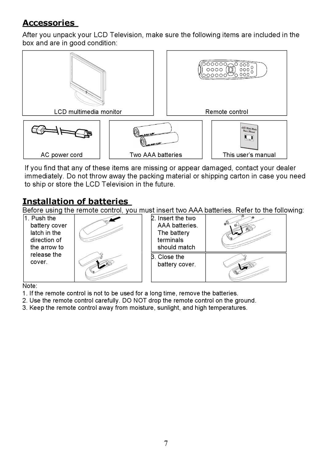 Digimate LTV-2007 manual Accessories, Installation of batteries 