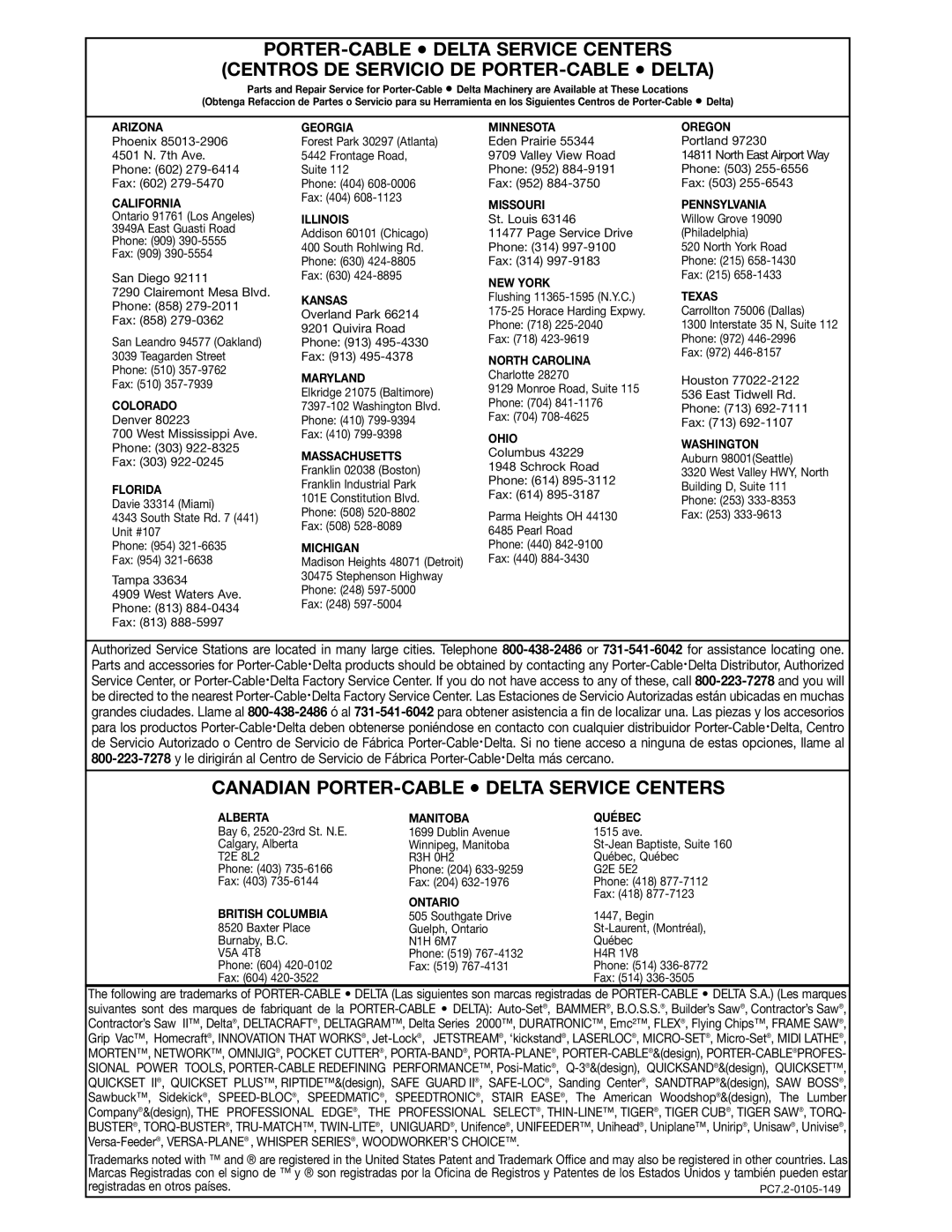 Digimerge 22-470 instruction manual Canadian PORTER-CABLE Delta Service Centers 