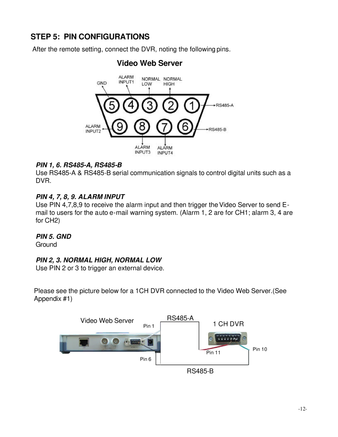 Digimerge D4202 user manual PIN Configurations, Video Web Server 