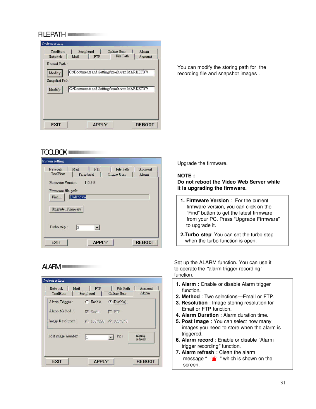 Digimerge D4202 user manual File Path Toolbox Alarm 