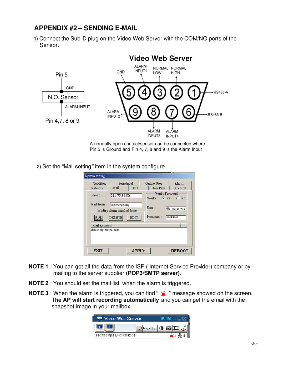 Digimerge D4202 user manual Video Web Server, Appendix #2 Sending E-MAIL 