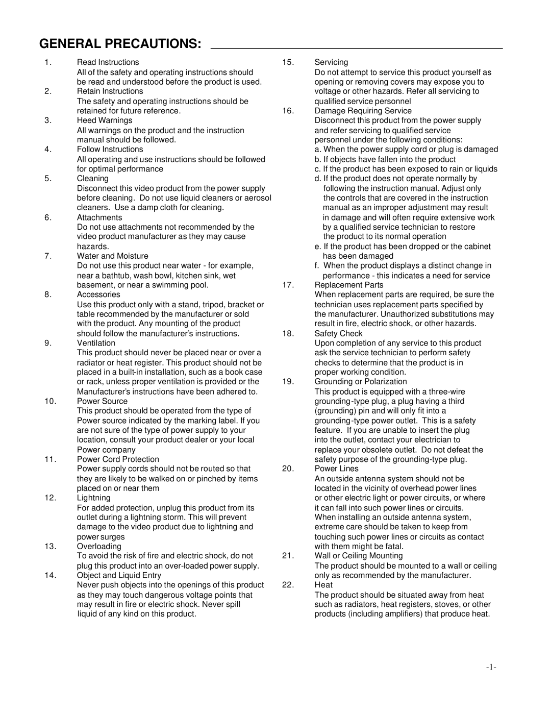 Digimerge D4202 user manual General Precautions, Read Instructions 