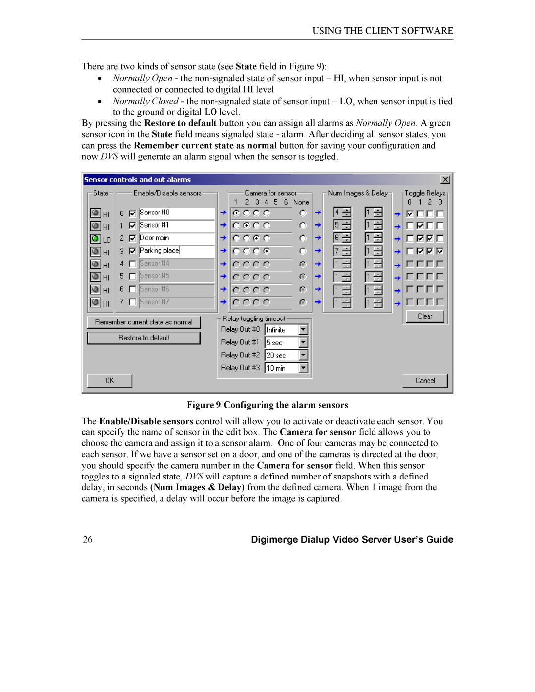 Digimerge DGRT400 user manual Configuring the alarm sensors 