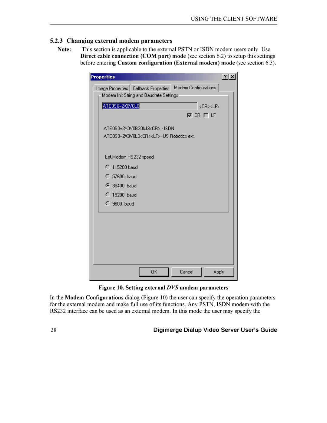 Digimerge DGRT400 user manual Changing external modem parameters, Setting external DVS modem parameters 