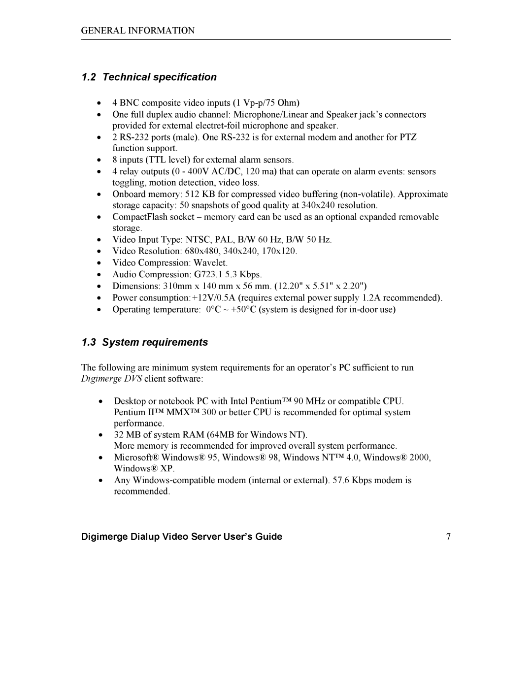 Digimerge DGRT400 user manual Technical specification, System requirements 