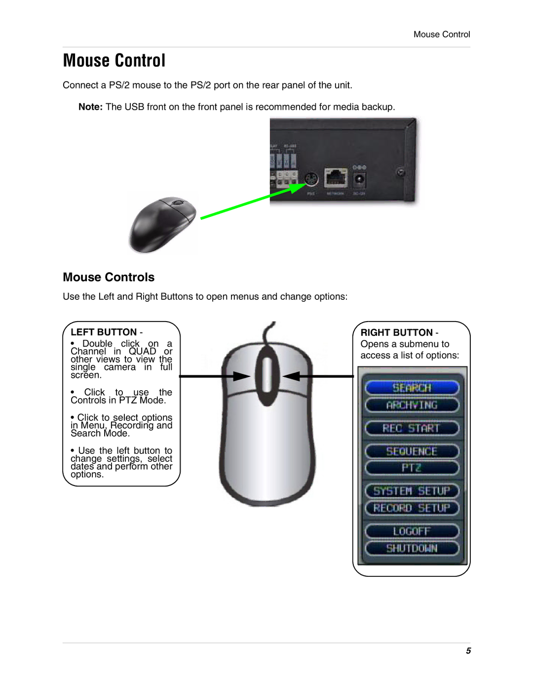 Digimerge DHU104 instruction manual Mouse Controls 