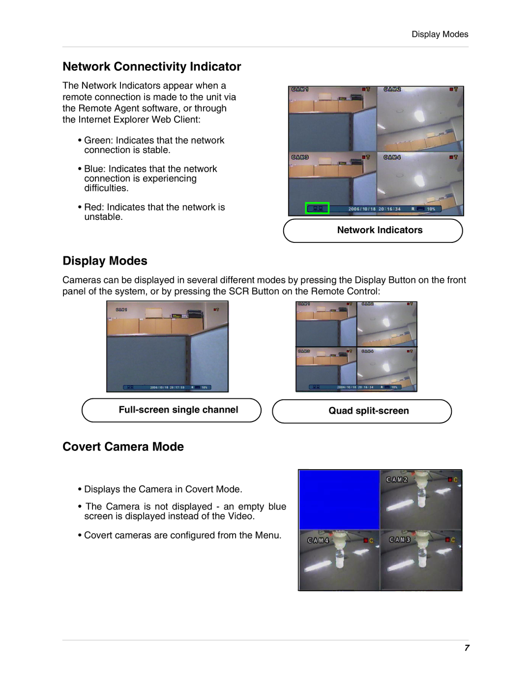 Digimerge DHU104 instruction manual Network Connectivity Indicator, Display Modes, Covert Camera Mode, Network Indicators 