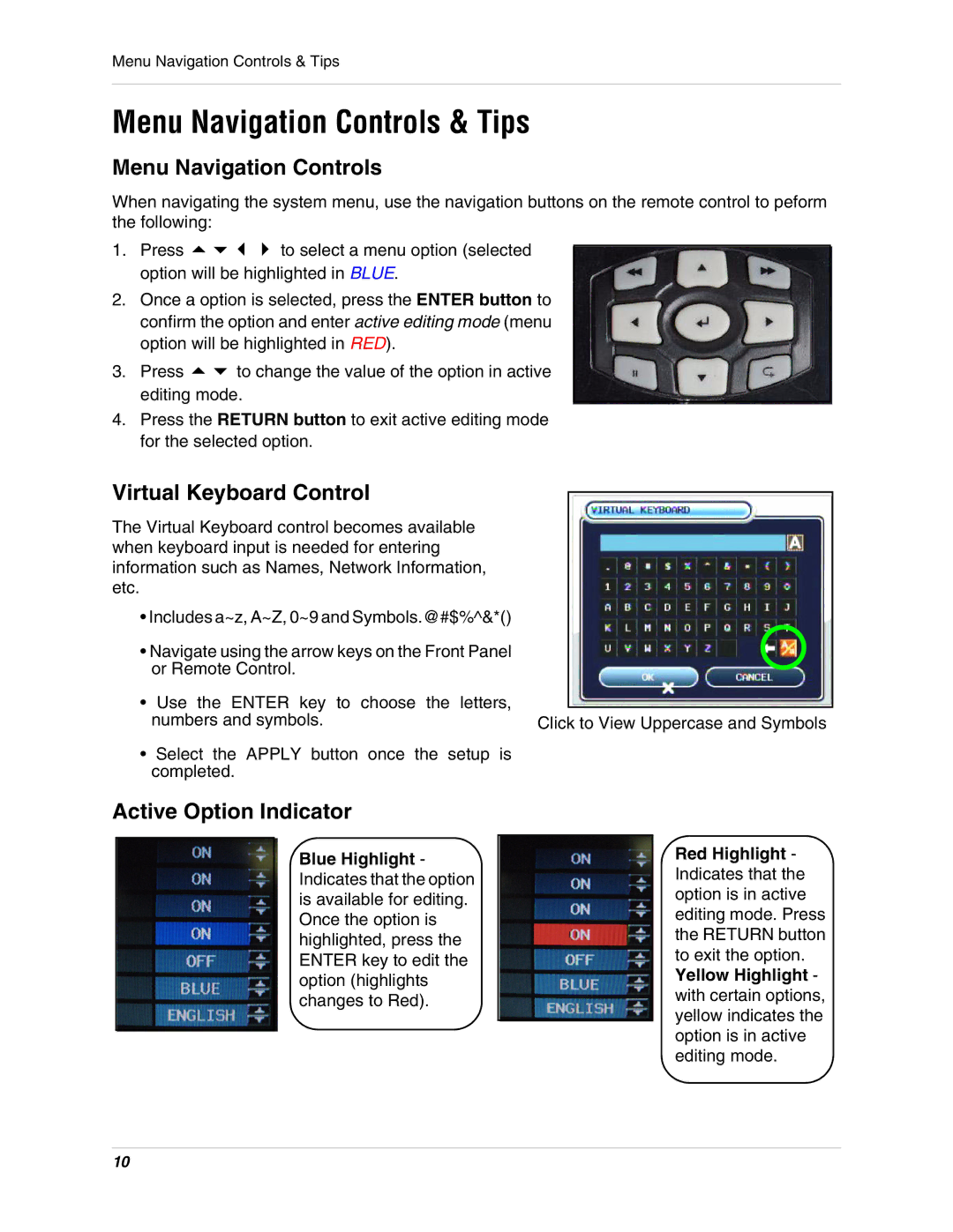 Digimerge DHU104 instruction manual Menu Navigation Controls & Tips, Virtual Keyboard Control, Active Option Indicator 