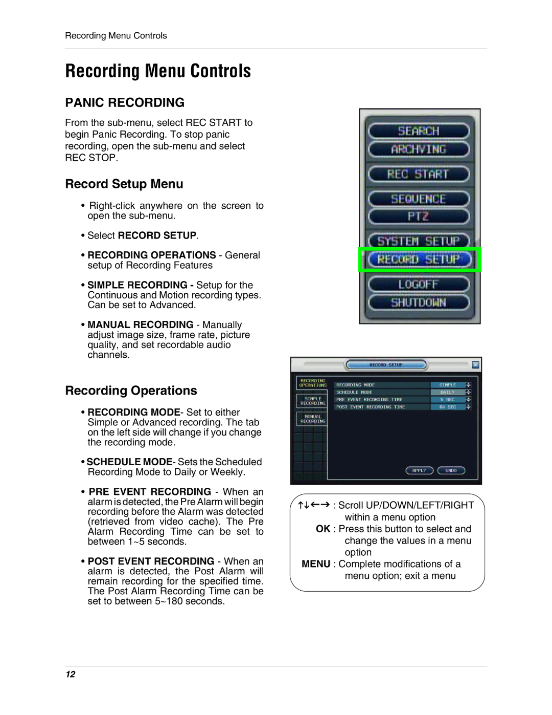 Digimerge DHU104 Recording Menu Controls, Panic Recording, Record Setup Menu, Recording Operations, Select Record Setup 