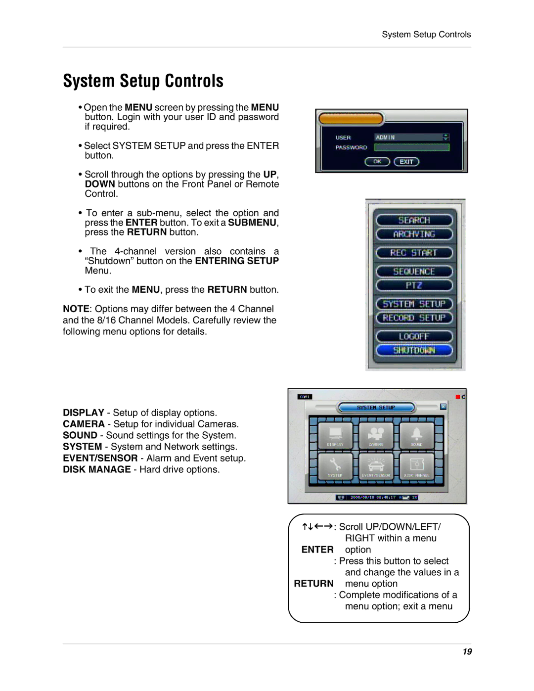 Digimerge DHU104 instruction manual System Setup Controls, Enter 