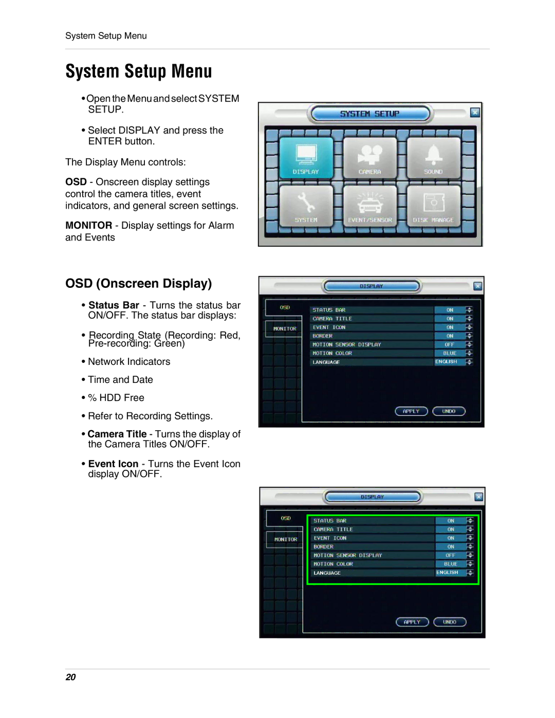 Digimerge DHU104 instruction manual System Setup Menu, OSD Onscreen Display 