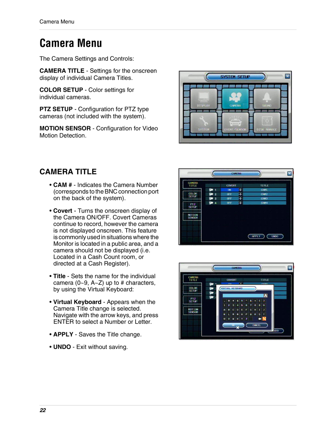 Digimerge DHU104 instruction manual Camera Menu, Camera Title 