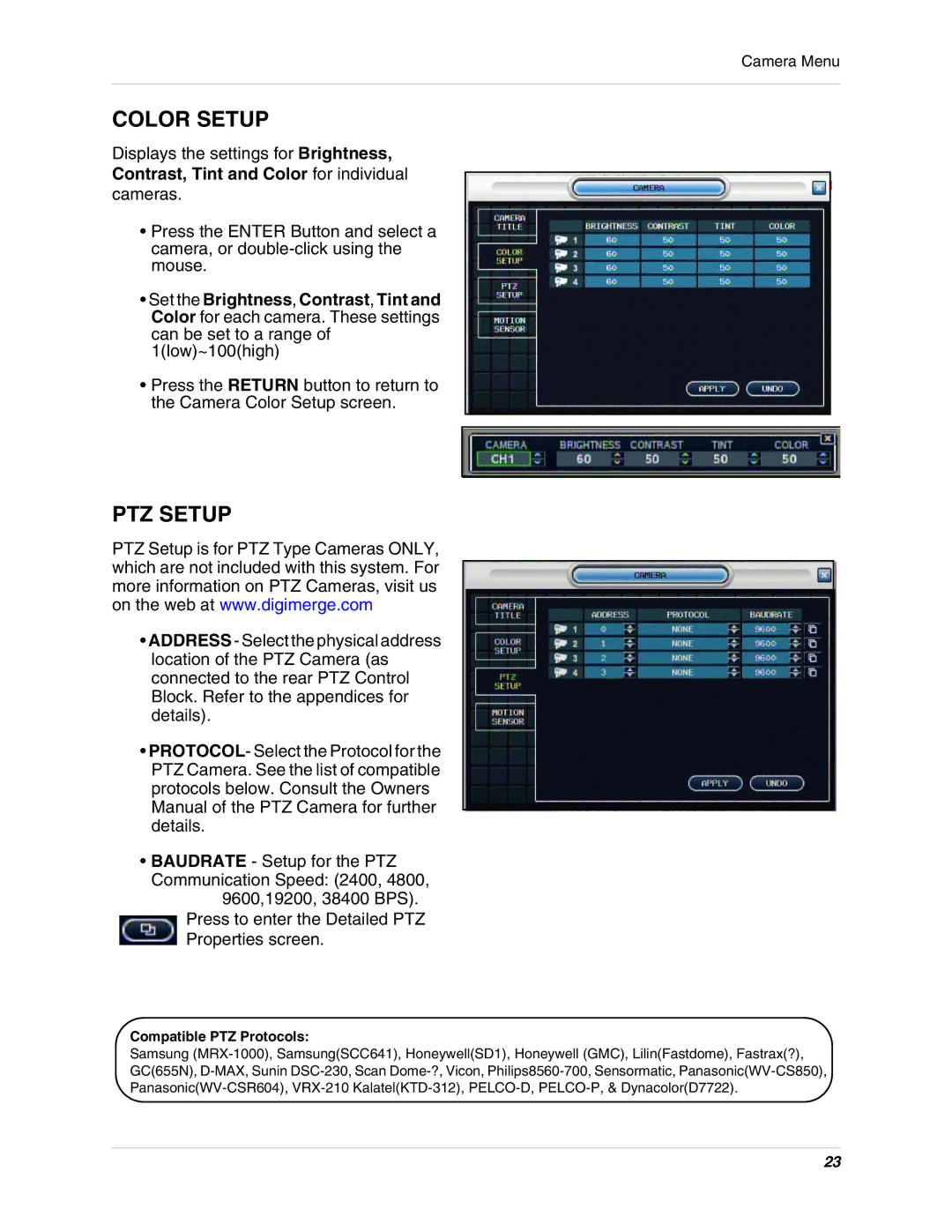 Digimerge DHU104 instruction manual Color Setup, PTZ Setup, Contrast, Tint and Color for individual 