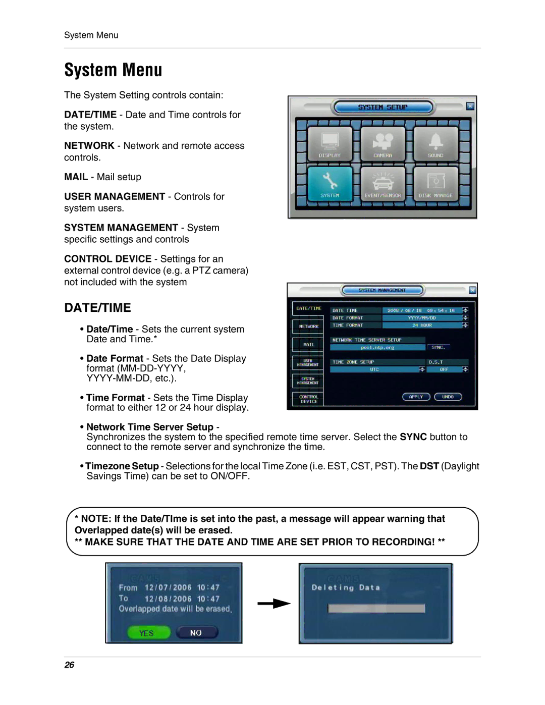 Digimerge DHU104 System Menu, Date/Time, User Management Controls for, System Management System, Network Time Server Setup 