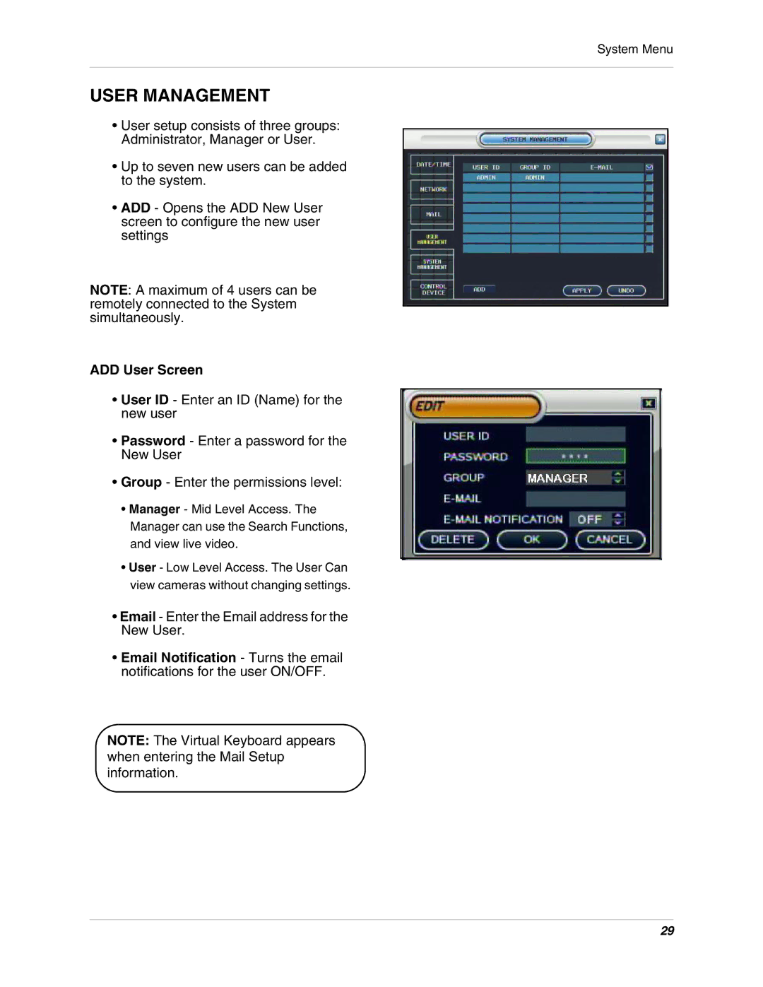 Digimerge DHU104 instruction manual User Management, ADD User Screen 