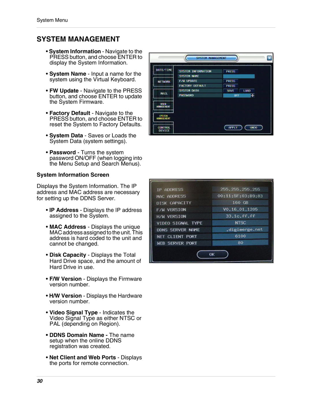 Digimerge DHU104 instruction manual System Management, System Information Screen 