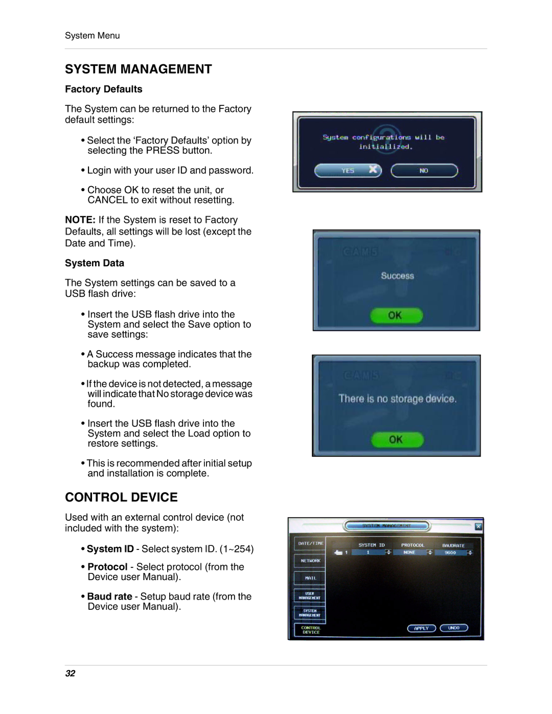 Digimerge DHU104 instruction manual Control Device, Factory Defaults, System Data 