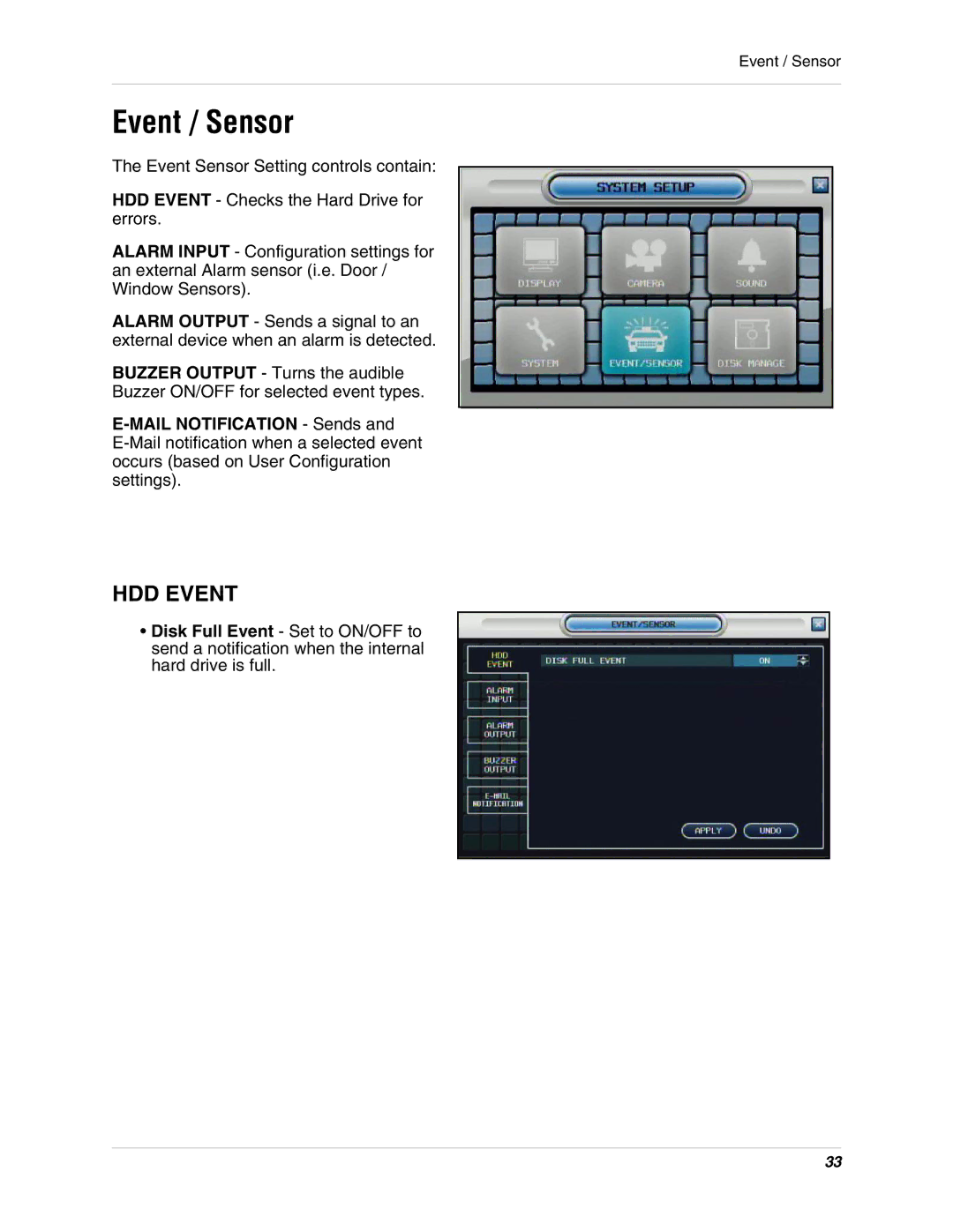 Digimerge DHU104 instruction manual Event / Sensor, HDD Event 