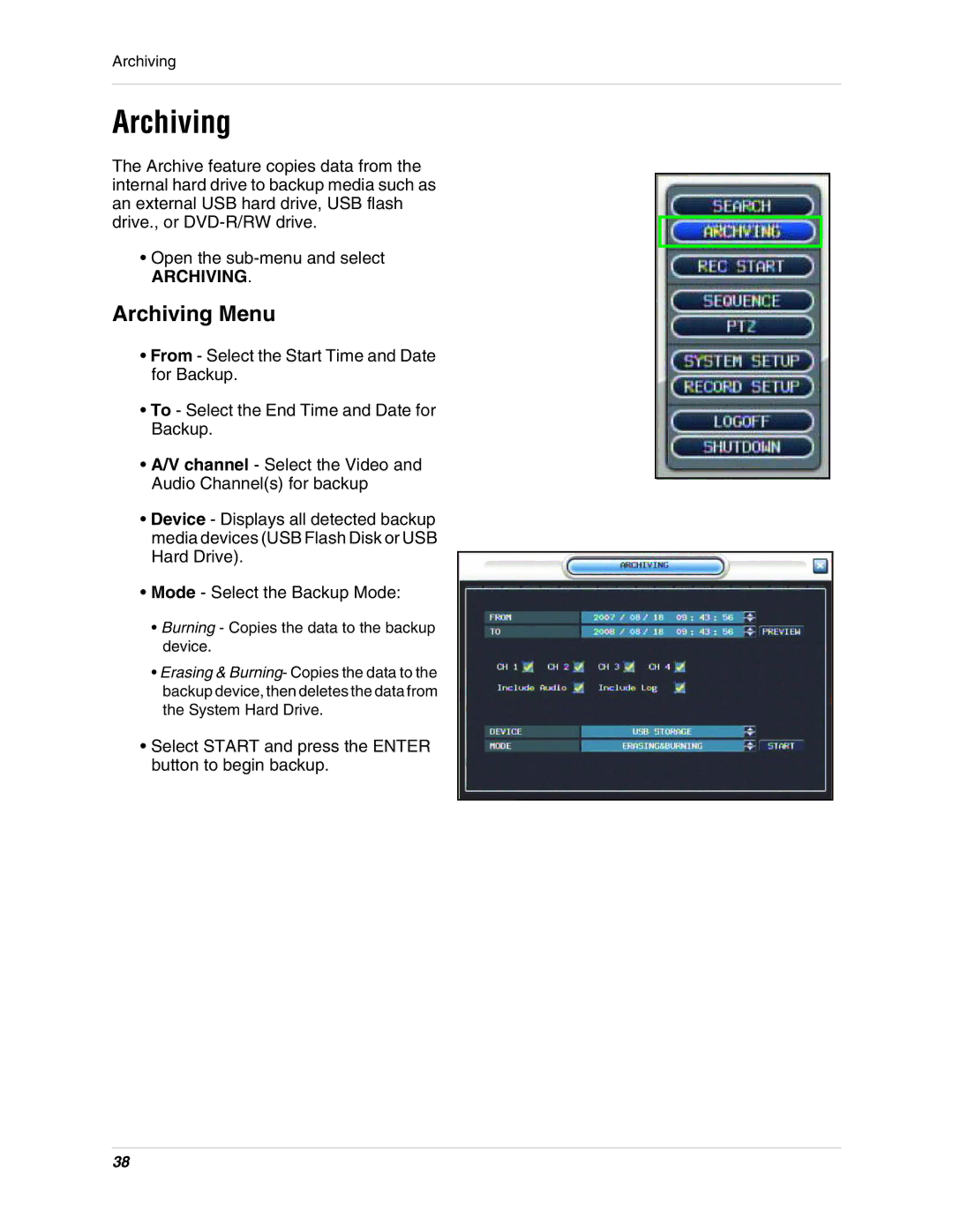 Digimerge DHU104 instruction manual Archiving Menu 