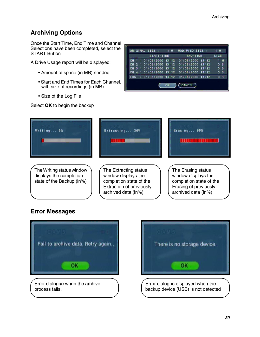 Digimerge DHU104 instruction manual Archiving Options, Error Messages 